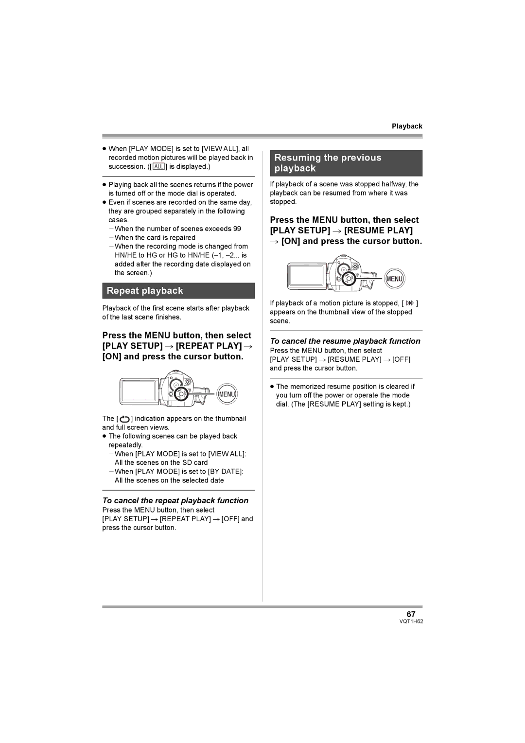 Panasonic HDC-SD5PP Repeat playback, Resuming the previous playback, To cancel the repeat playback function 