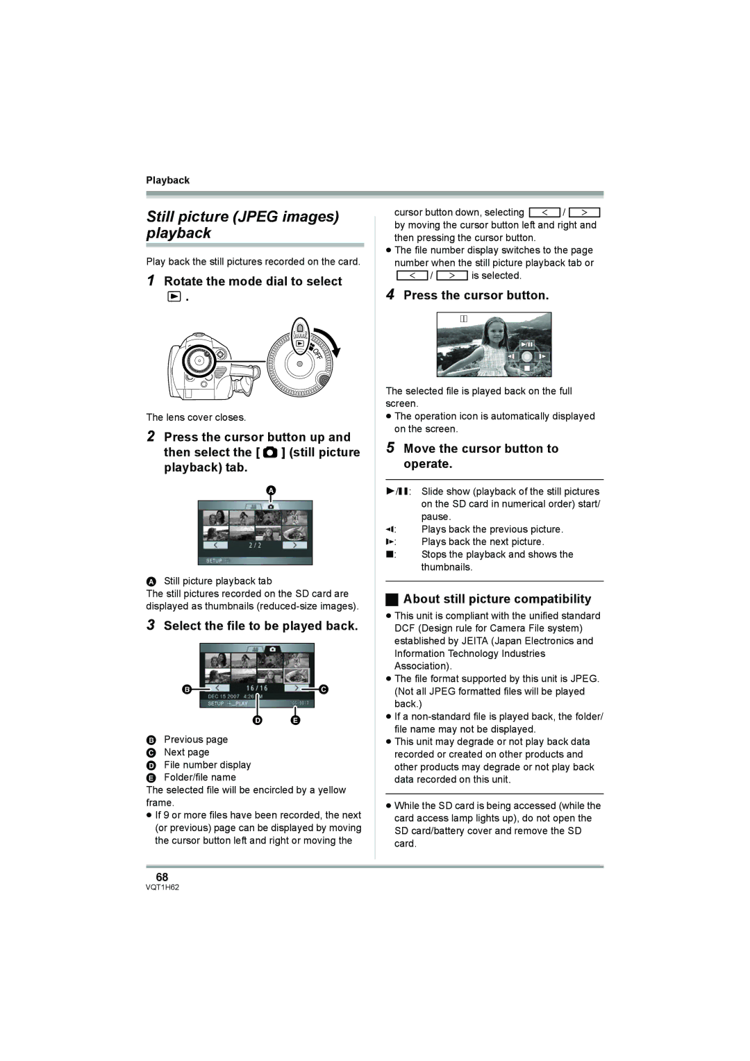 Panasonic HDC-SD5PP operating instructions Still picture Jpeg images playback, Select the file to be played back 