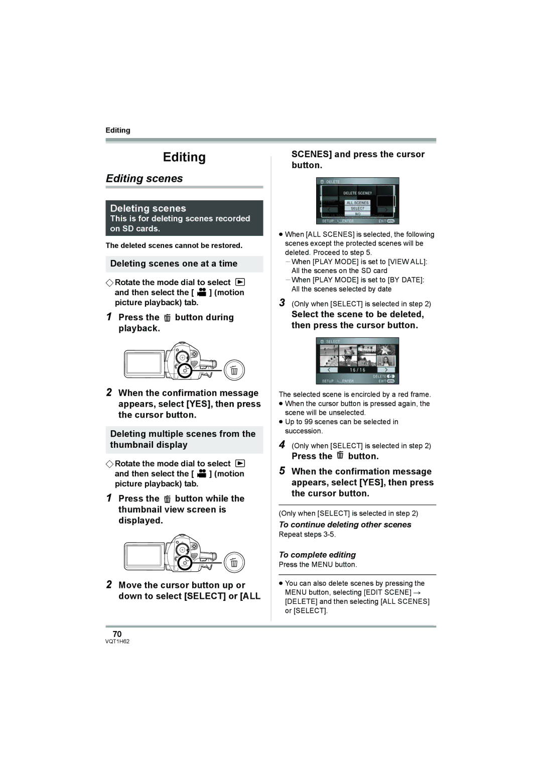 Panasonic HDC-SD5PP Editing scenes, Deleting scenes one at a time, To continue deleting other scenes 