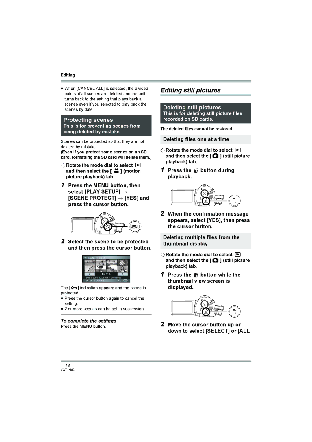 Panasonic HDC-SD5PP Editing still pictures, Protecting scenes, Deleting still pictures, Deleting files one at a time 