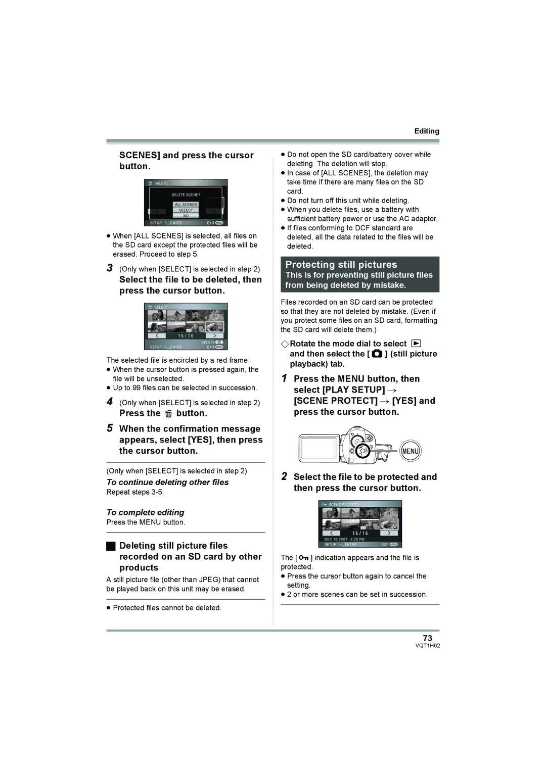 Panasonic HDC-SD5PP Protecting still pictures, Select the file to be deleted, then press the cursor button 