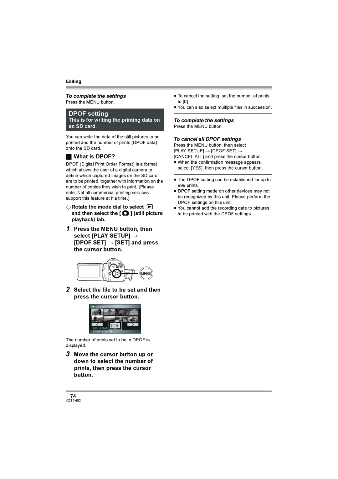 Panasonic HDC-SD5PP operating instructions What is DPOF?, To cancel all Dpof settings 