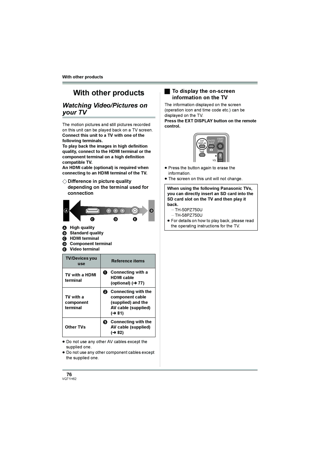 Panasonic HDC-SD5PP Watching Video/Pictures on your TV, To display the on-screen information on the TV 