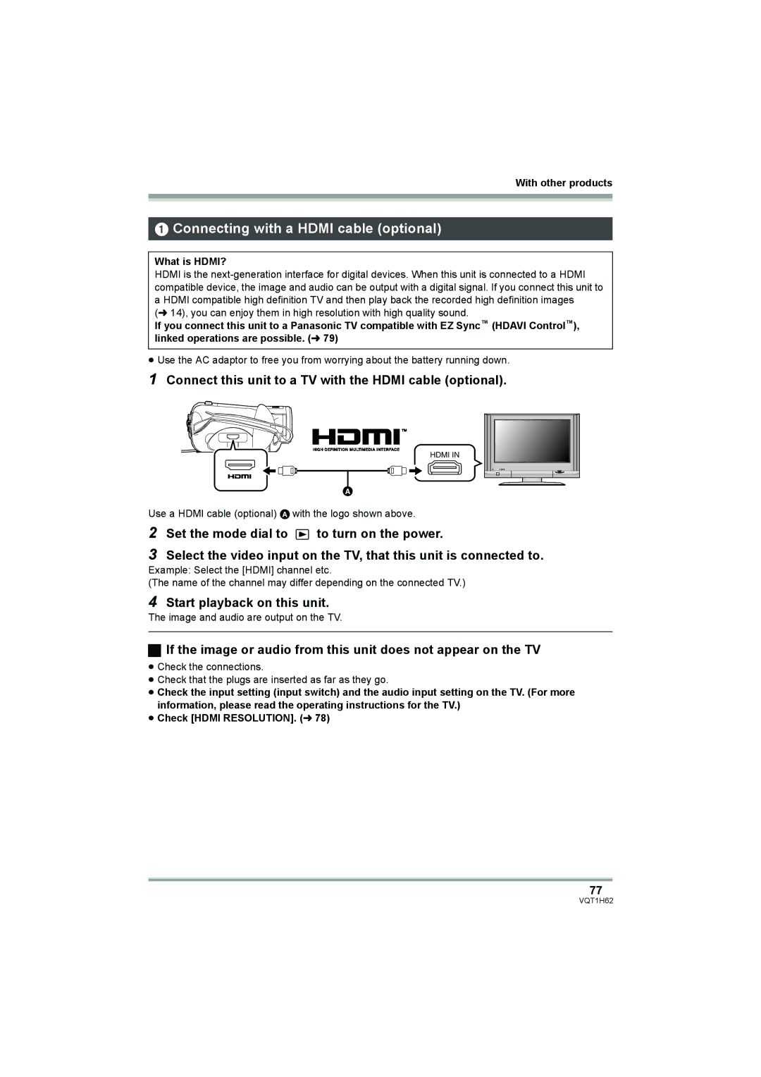 Panasonic HDC-SD5PP Connecting with a Hdmi cable optional, Connect this unit to a TV with the Hdmi cable optional 