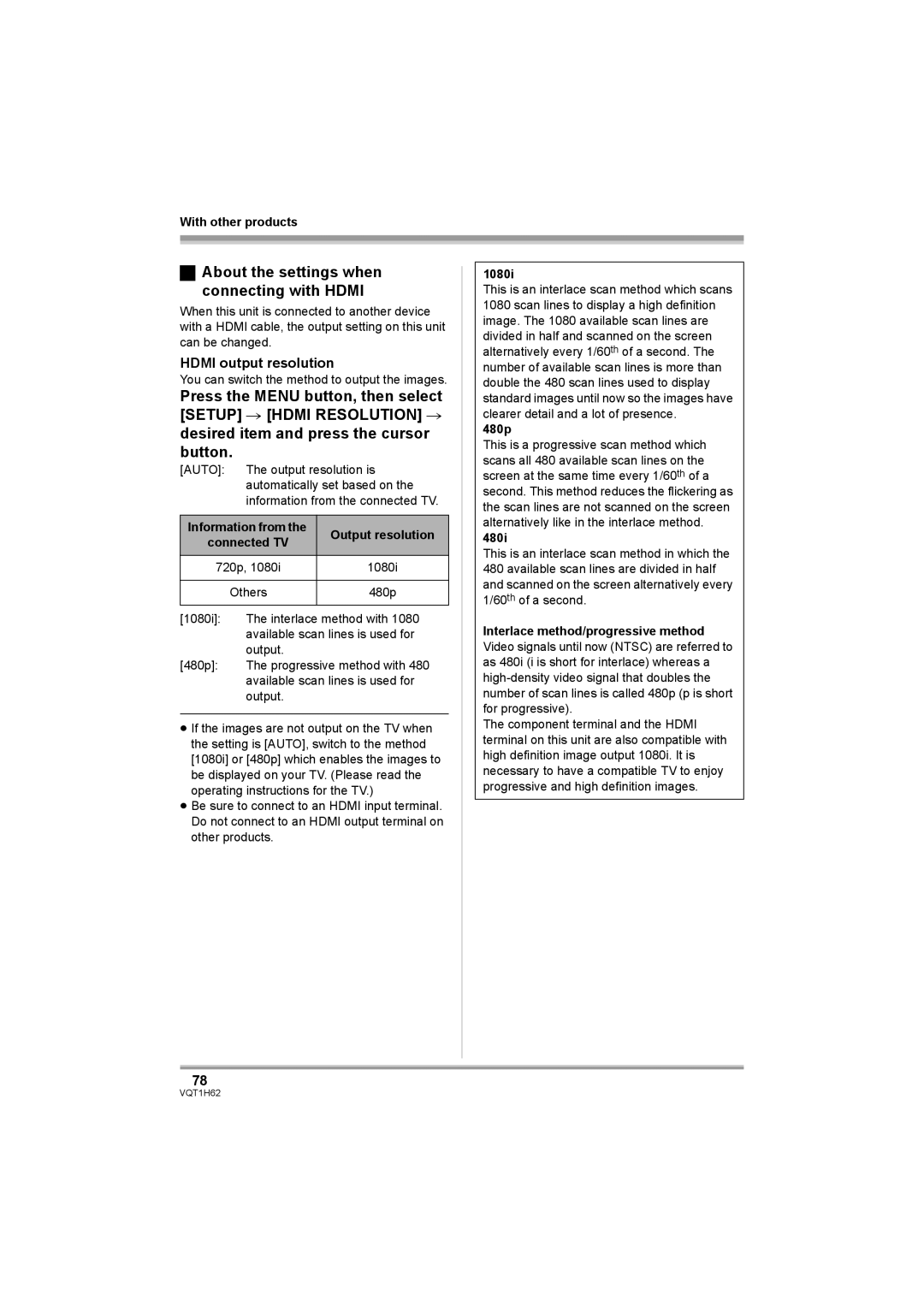 Panasonic HDC-SD5PP operating instructions About the settings when connecting with Hdmi, Hdmi output resolution 