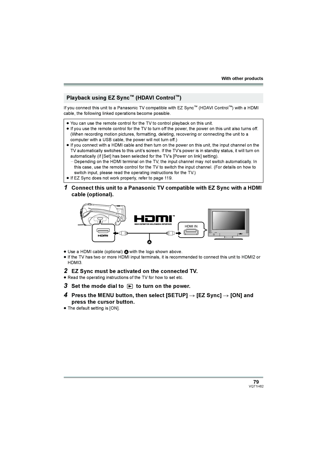 Panasonic HDC-SD5PP Playback using EZ Sync Hdavi Control, EZ Sync must be activated on the connected TV 