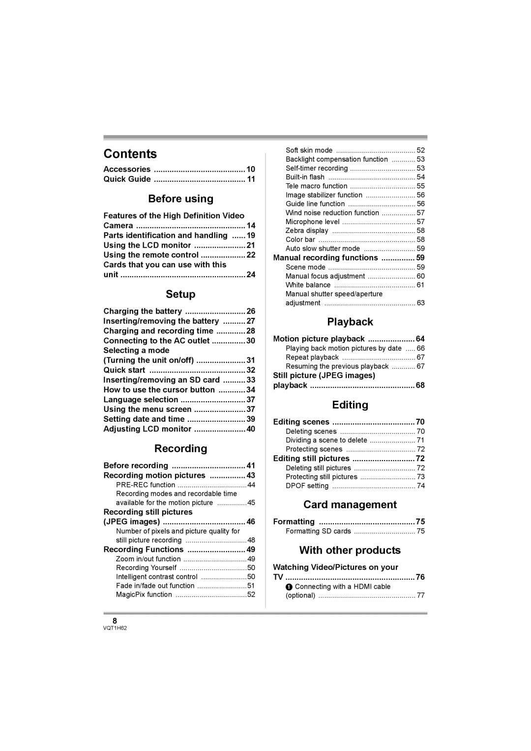 Panasonic HDC-SD5PP operating instructions Contents 