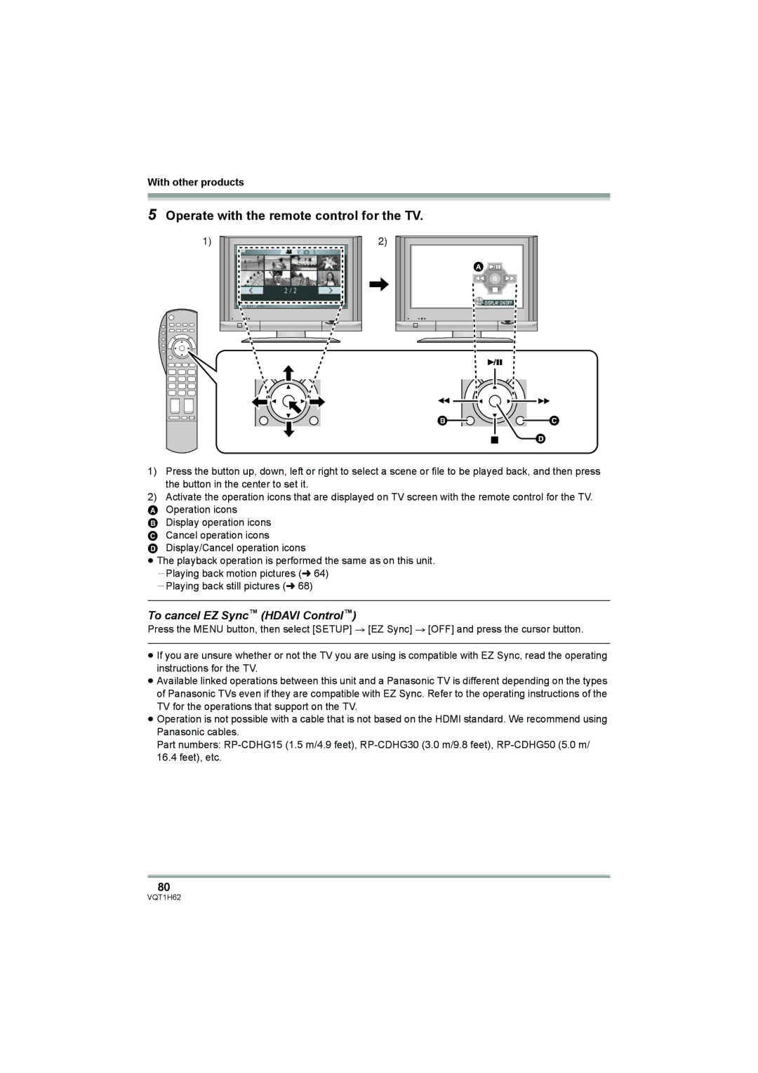 Panasonic HDC-SD5PP operating instructions Operate with the remote control for the TV, To cancel EZ Sync Hdavi Control 