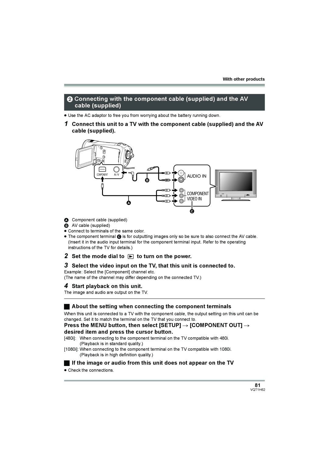 Panasonic HDC-SD5PP operating instructions About the setting when connecting the component terminals, Audio Component Video 