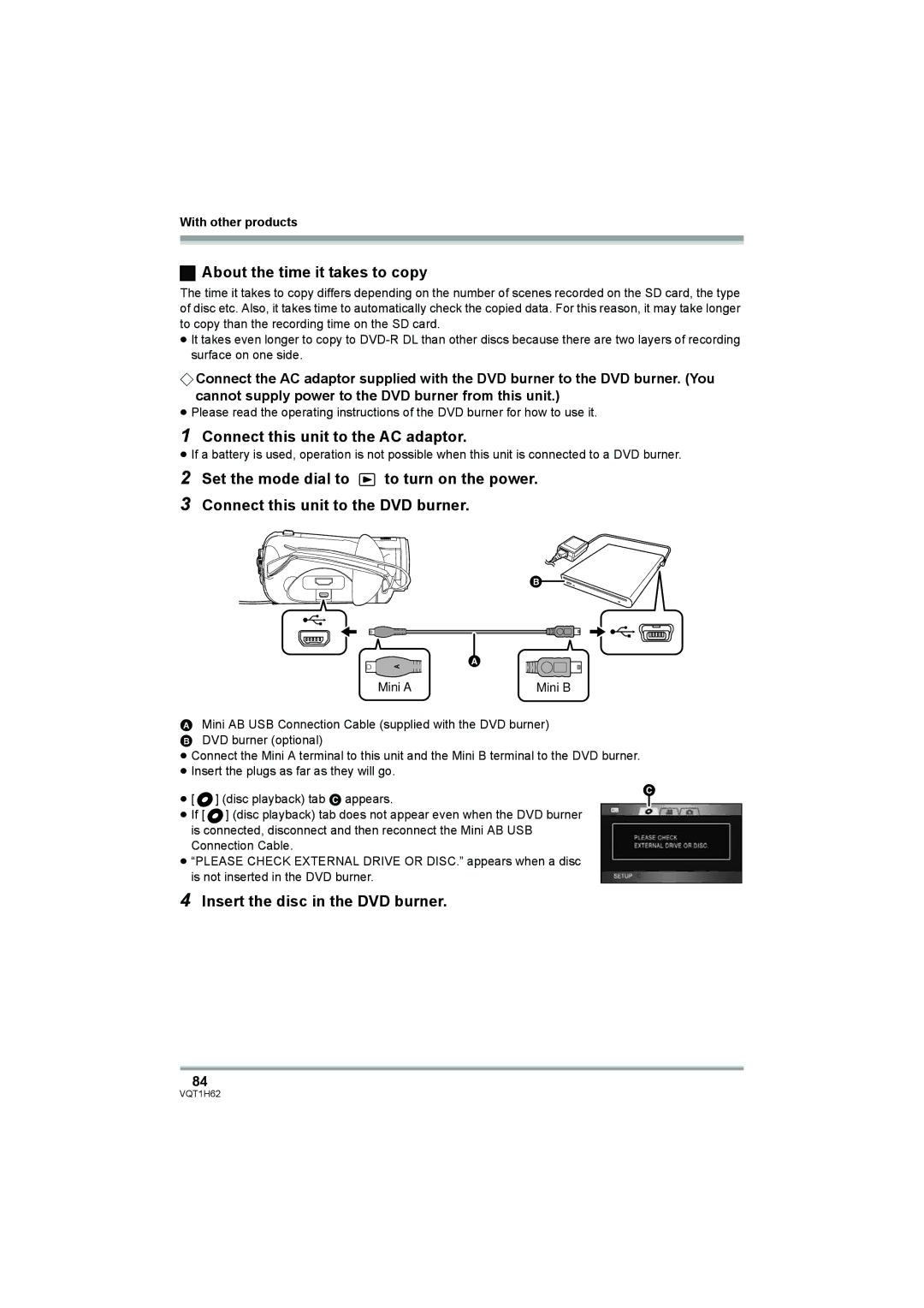 Panasonic HDC-SD5PP operating instructions About the time it takes to copy, Connect this unit to the AC adaptor 