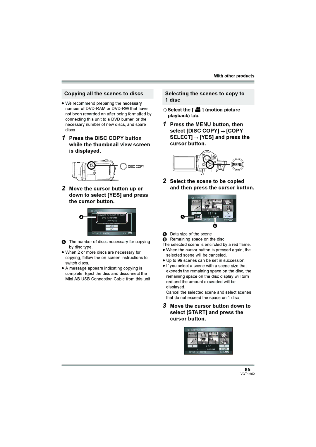 Panasonic HDC-SD5PP operating instructions Copying all the scenes to discs, Selecting the scenes to copy to Disc 