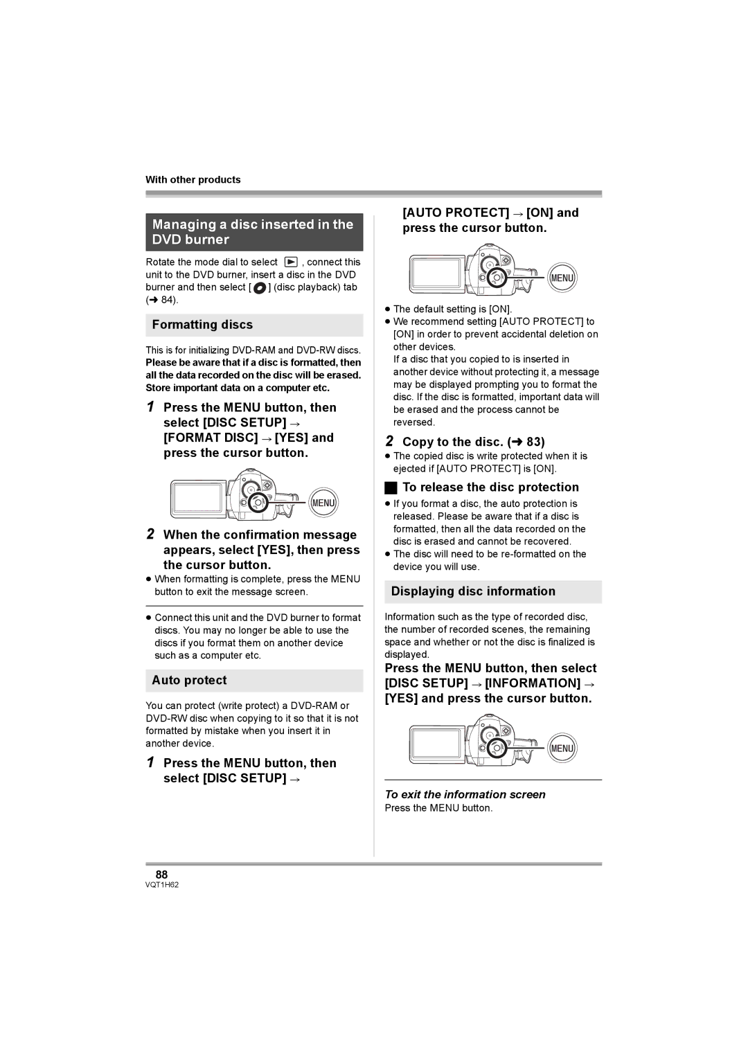 Panasonic HDC-SD5PP operating instructions Managing a disc inserted in the DVD burner 