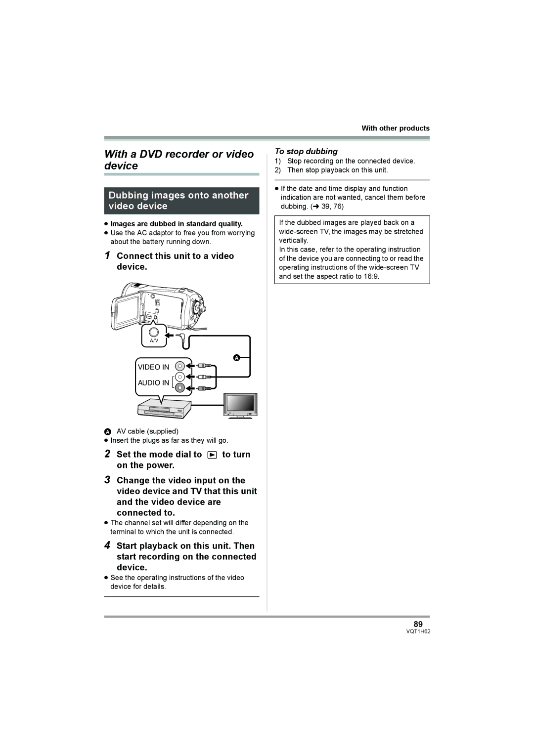 Panasonic HDC-SD5PP With a DVD recorder or video device, Dubbing images onto another video device, To stop dubbing 