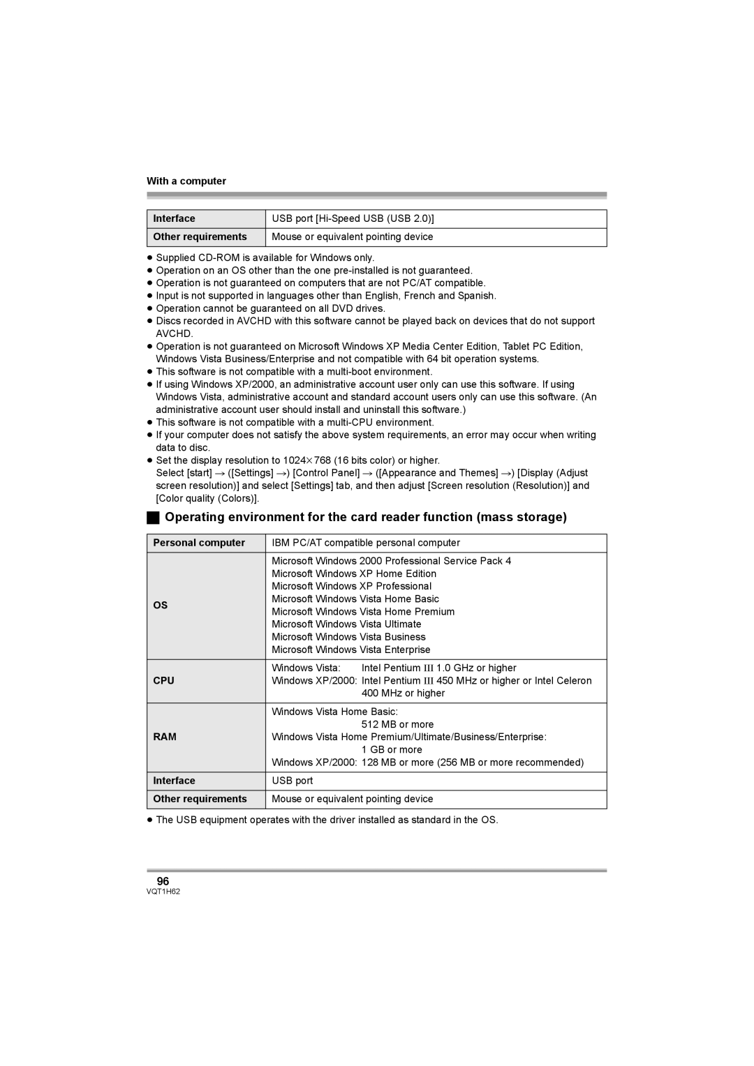 Panasonic HDC-SD5PP operating instructions With a computer Interface, Other requirements 