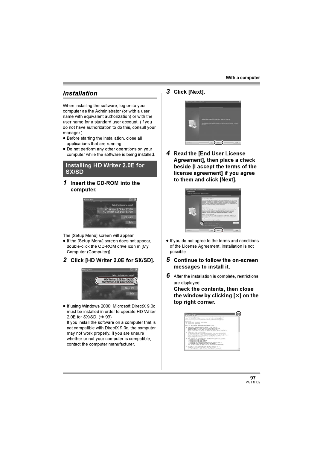 Panasonic HDC-SD5PP Installation, Installing HD Writer 2.0E for SX/SD, Insert the CD-ROM into the computer 