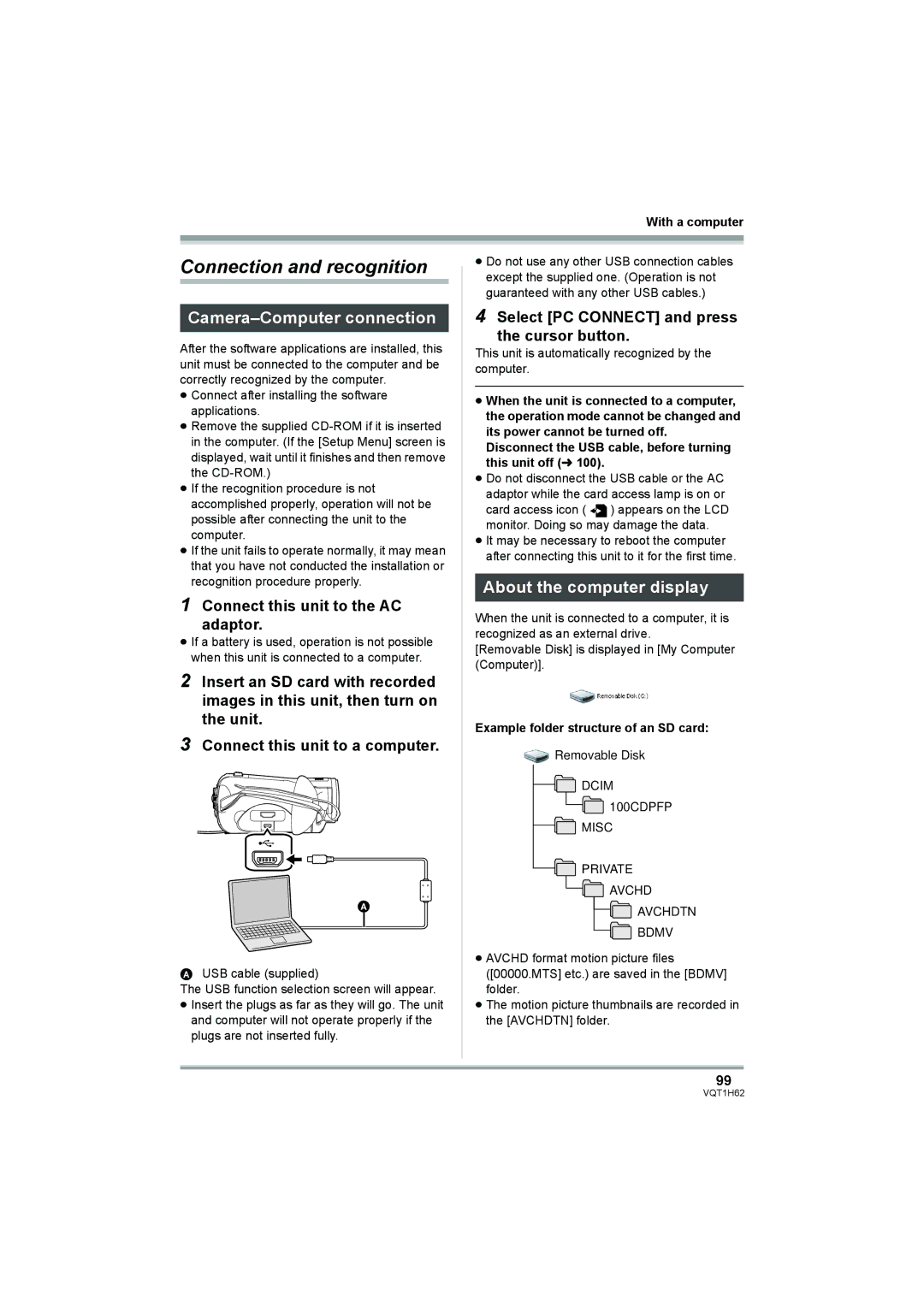 Panasonic HDC-SD5PP Connection and recognition, Camera-Computer connection, About the computer display 