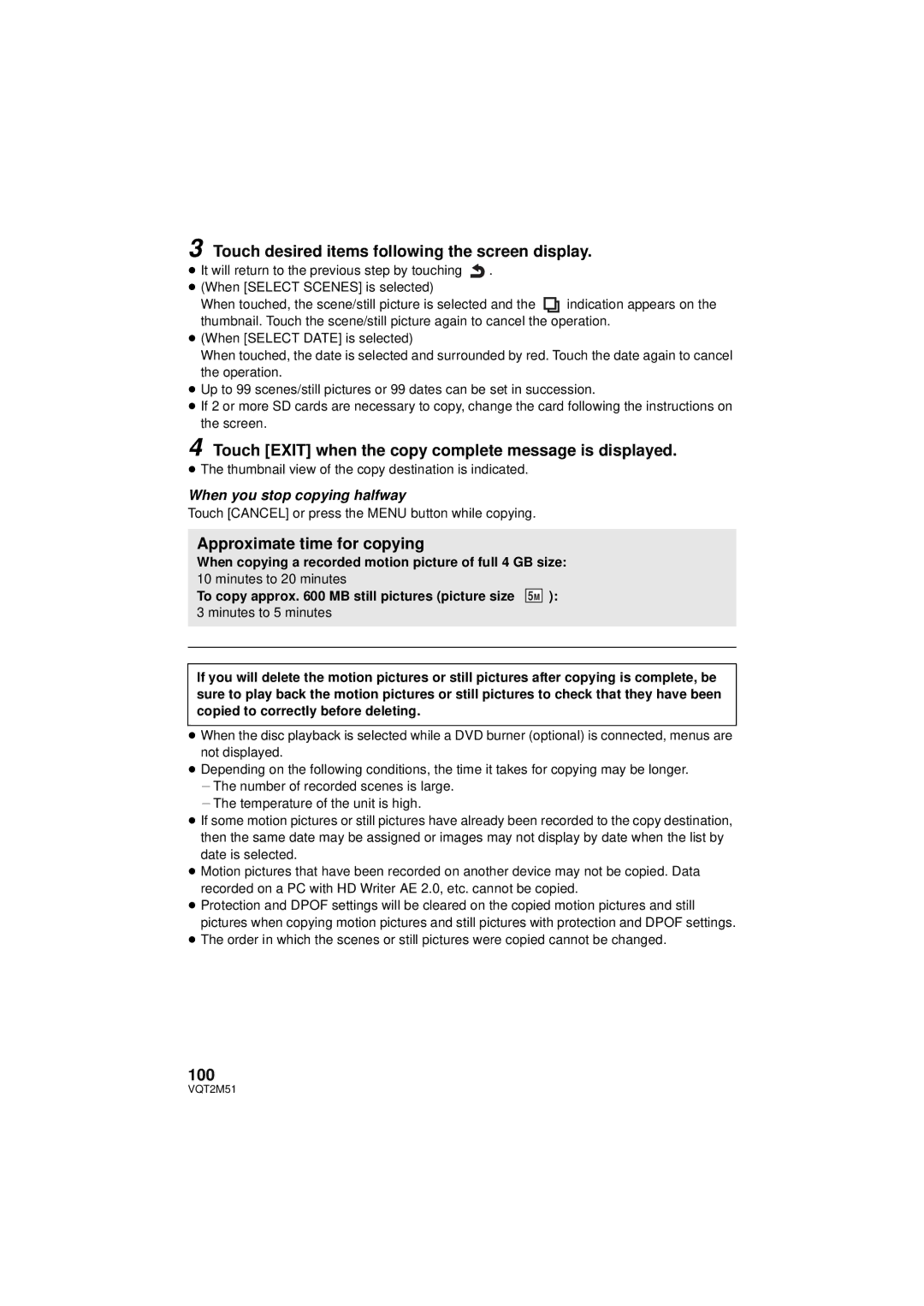Panasonic HDC-SD60P/PC, HDC-TM60P/PC Touch desired items following the screen display, Approximate time for copying, 100 