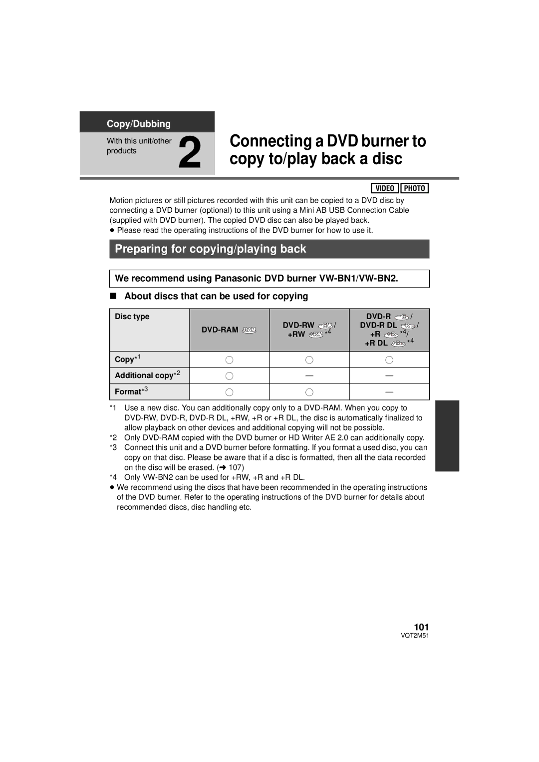 Panasonic HDC-TM60P/PC Connecting a DVD burner to, Copy to/play back a disc, Preparing for copying/playing back, 101 