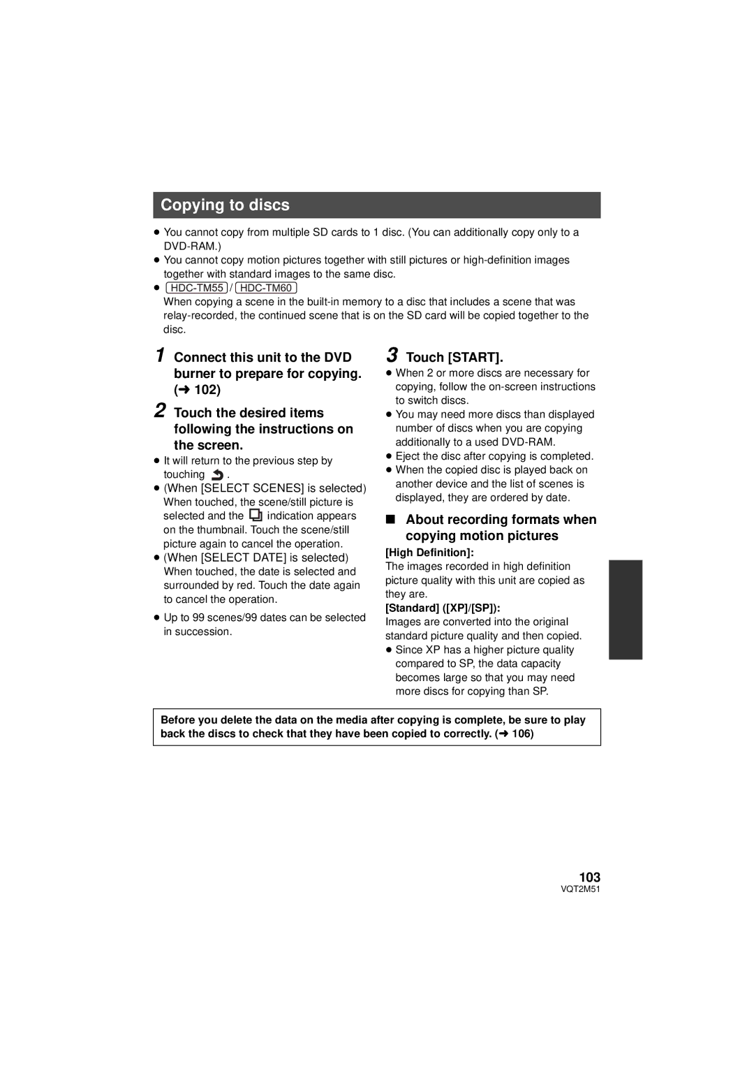 Panasonic HDC-HS60P/PC Copying to discs, About recording formats when Copying motion pictures, 103, High Definition 