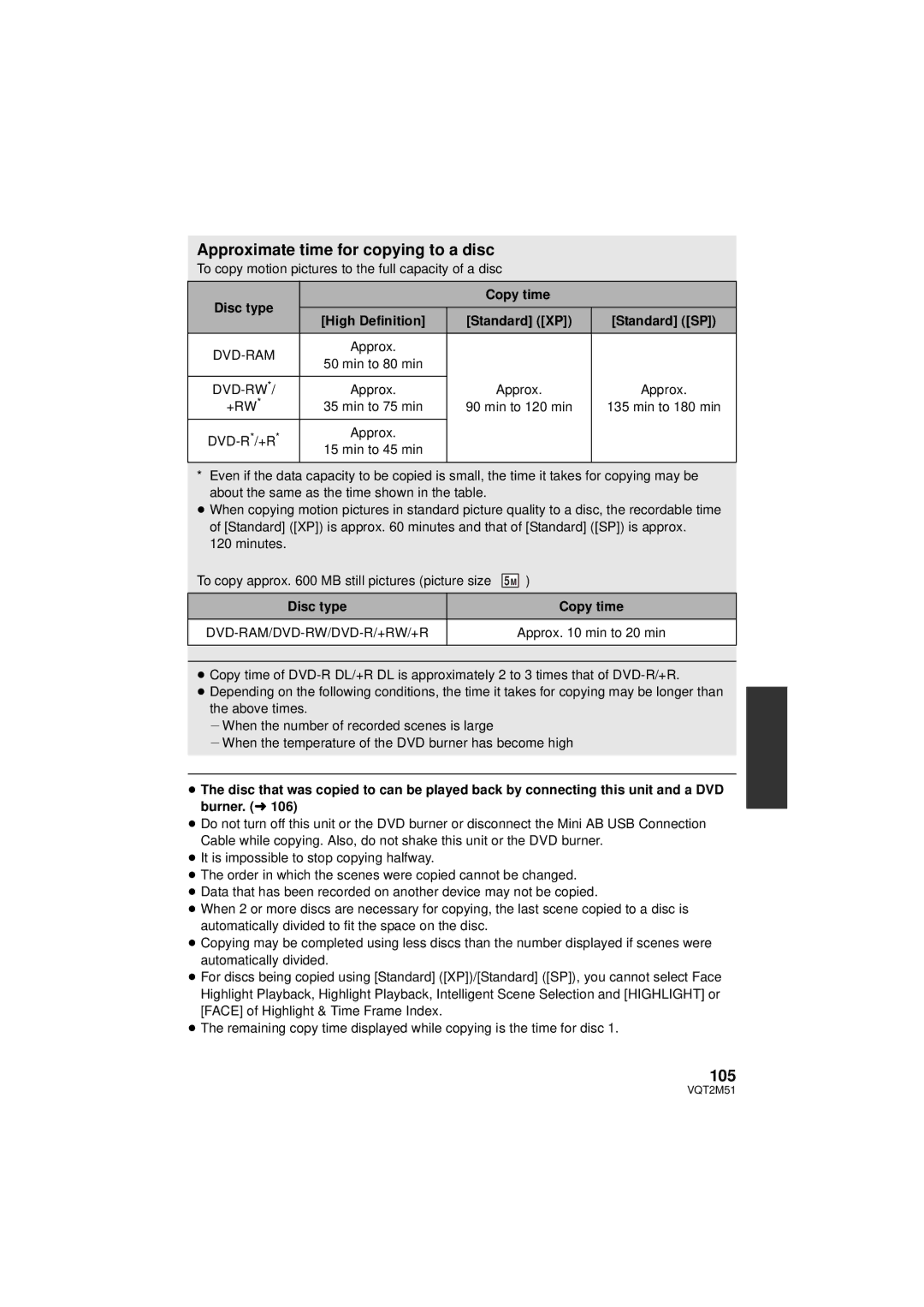 Panasonic HDC-TM60P/PC Approximate time for copying to a disc, 105, Disc type Copy time High Definition Standard XP 