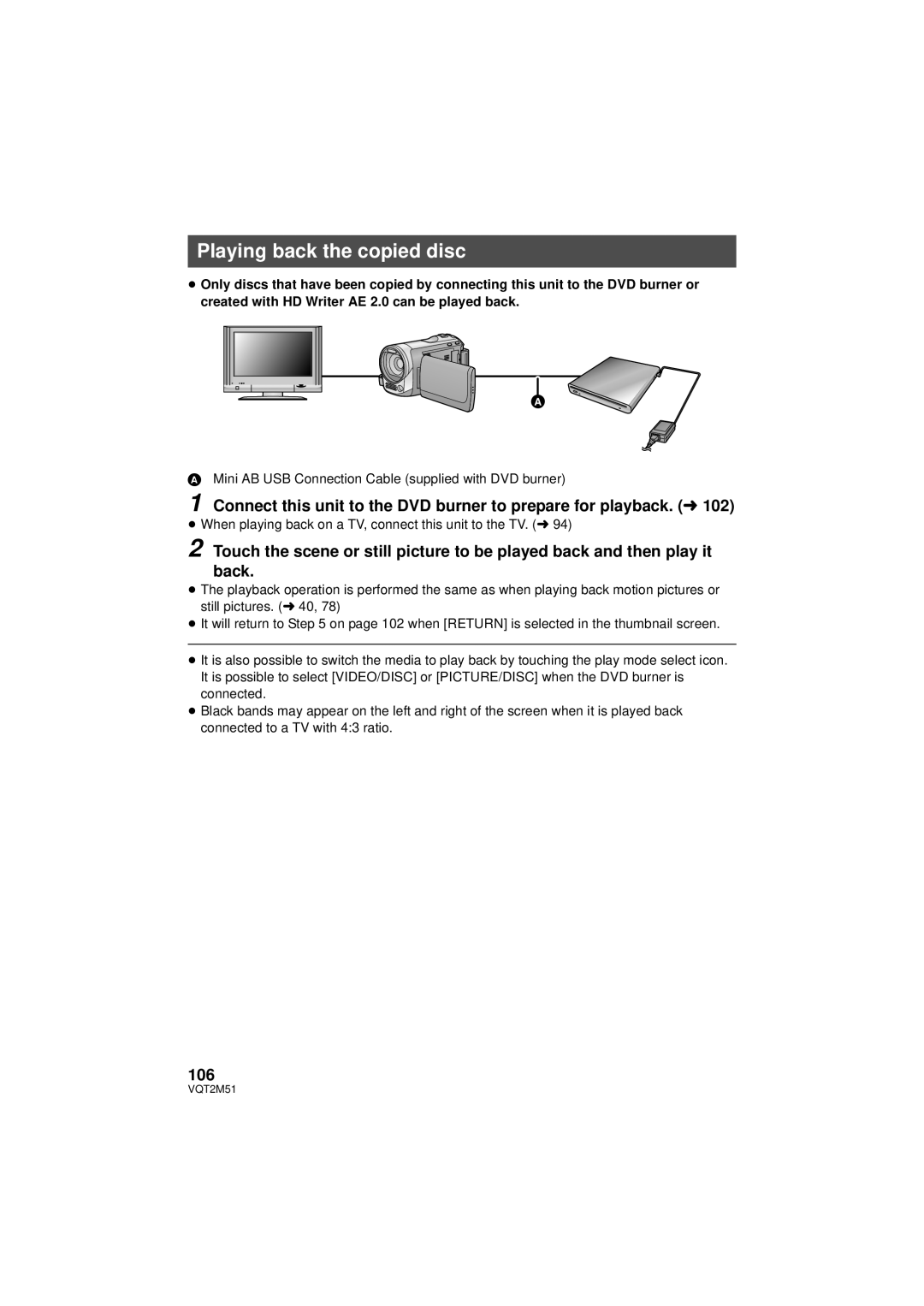 Panasonic HDC-TM55P/PC Playing back the copied disc, 106, Mini AB USB Connection Cable supplied with DVD burner 