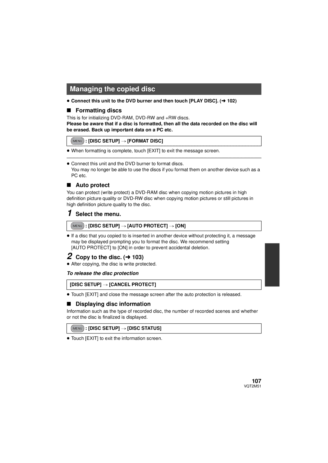 Panasonic HDC-HS60P/PC, HDC-SD60P/PC, HDC-TM60P/PC, HDC-TM55P/PC operating instructions Managing the copied disc 