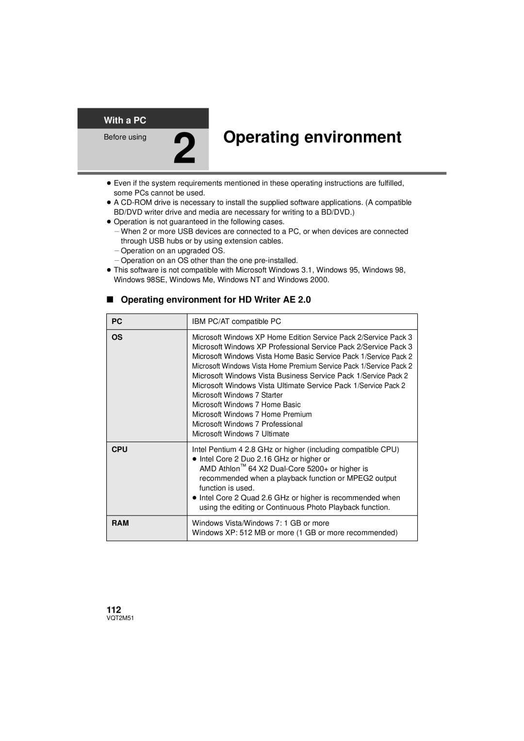 Panasonic HDC-SD60P/PC, HDC-TM60P/PC, HDC-TM55P/PC, HDC-HS60P/PC Operating environment for HD Writer AE, 112, Cpu, Ram 