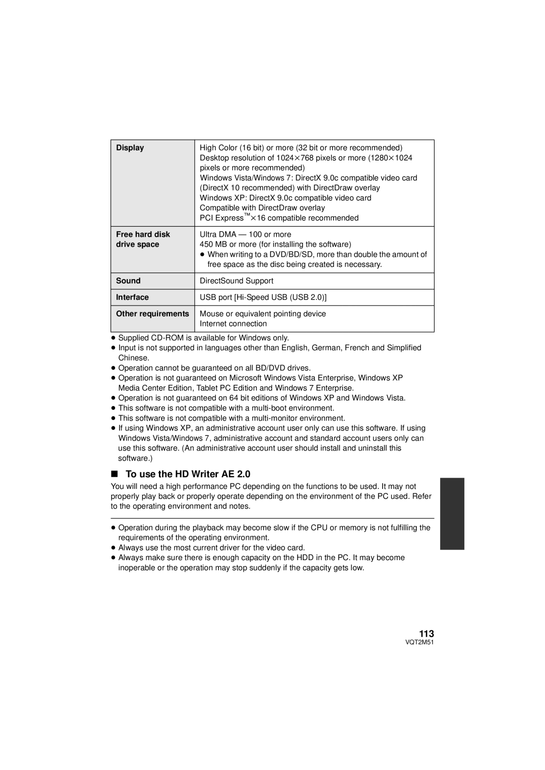 Panasonic HDC-TM60P/PC, HDC-SD60P/PC, HDC-TM55P/PC, HDC-HS60P/PC operating instructions To use the HD Writer AE, 113 