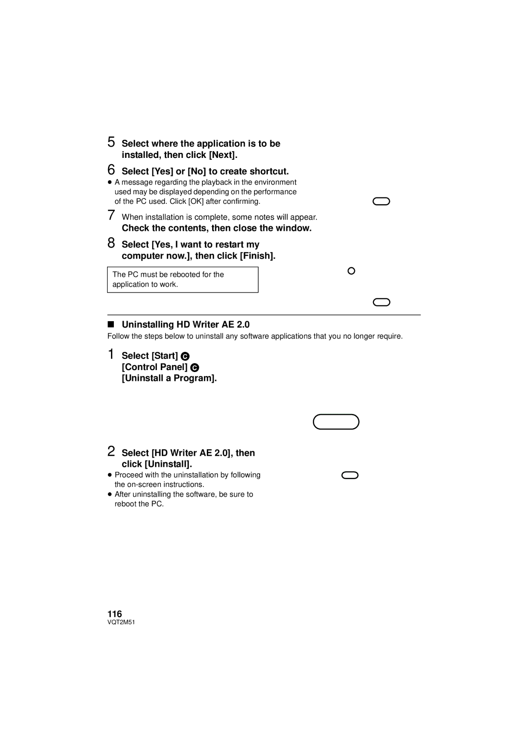 Panasonic HDC-SD60P/PC, HDC-TM60P/PC, HDC-TM55P/PC Uninstalling HD Writer AE, 116, PC used. Click OK after confirming 