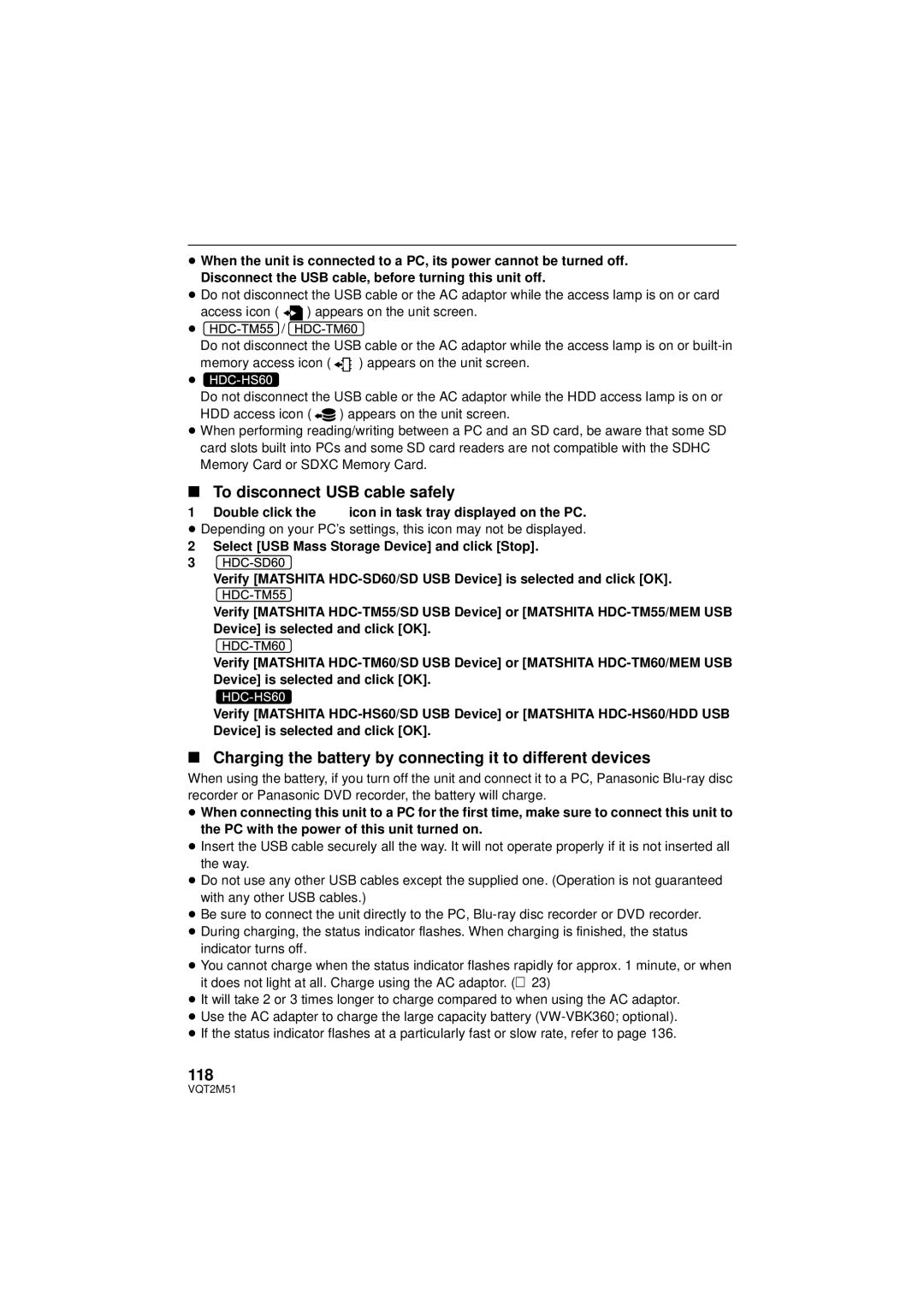 Panasonic HDC-TM55P/PC To disconnect USB cable safely, Charging the battery by connecting it to different devices, 118 