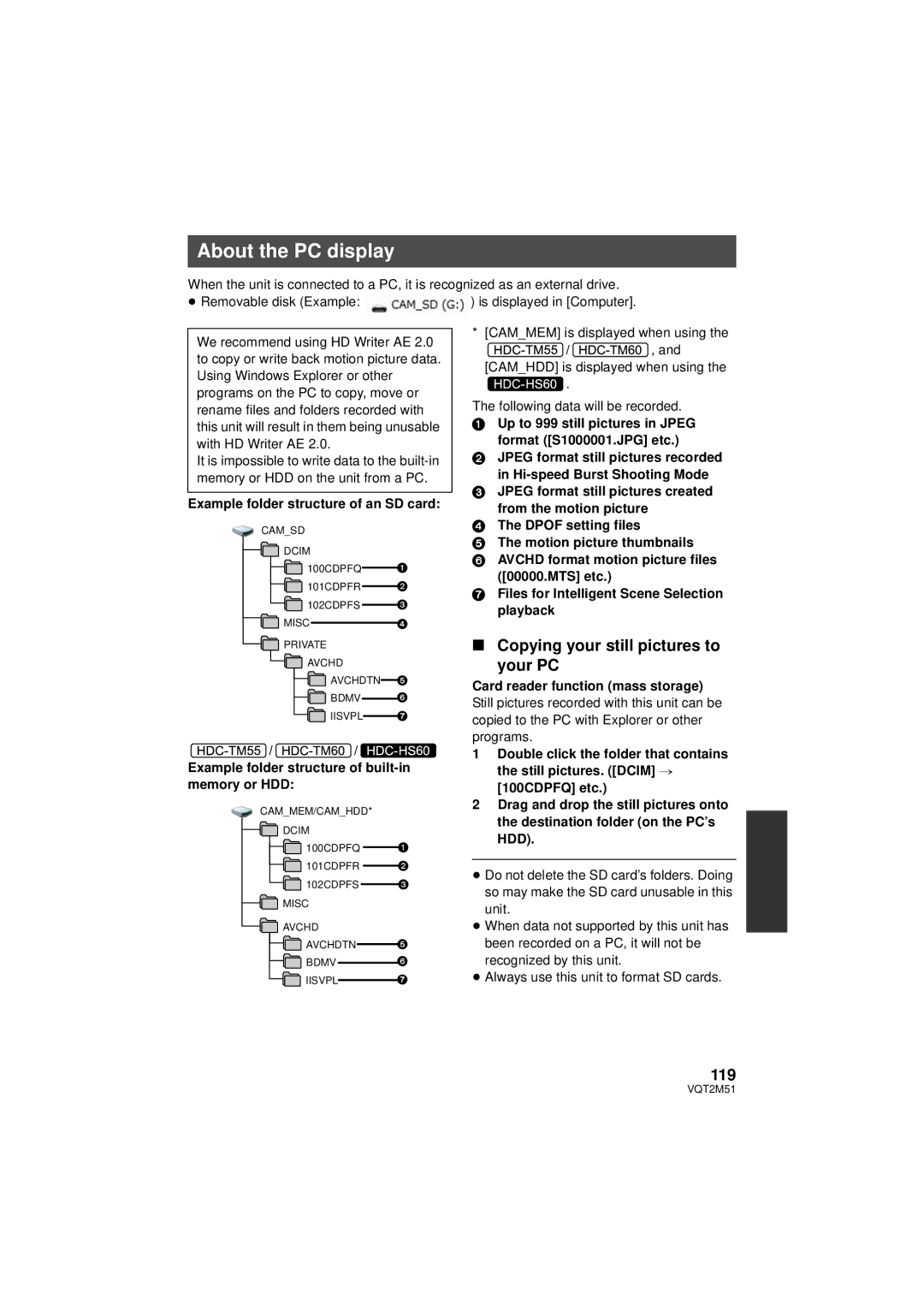 Panasonic HDC-HS60P/PC, HDC-SD60P/PC, HDC-TM60P/PC About the PC display, Copying your still pictures to Your PC, 119 