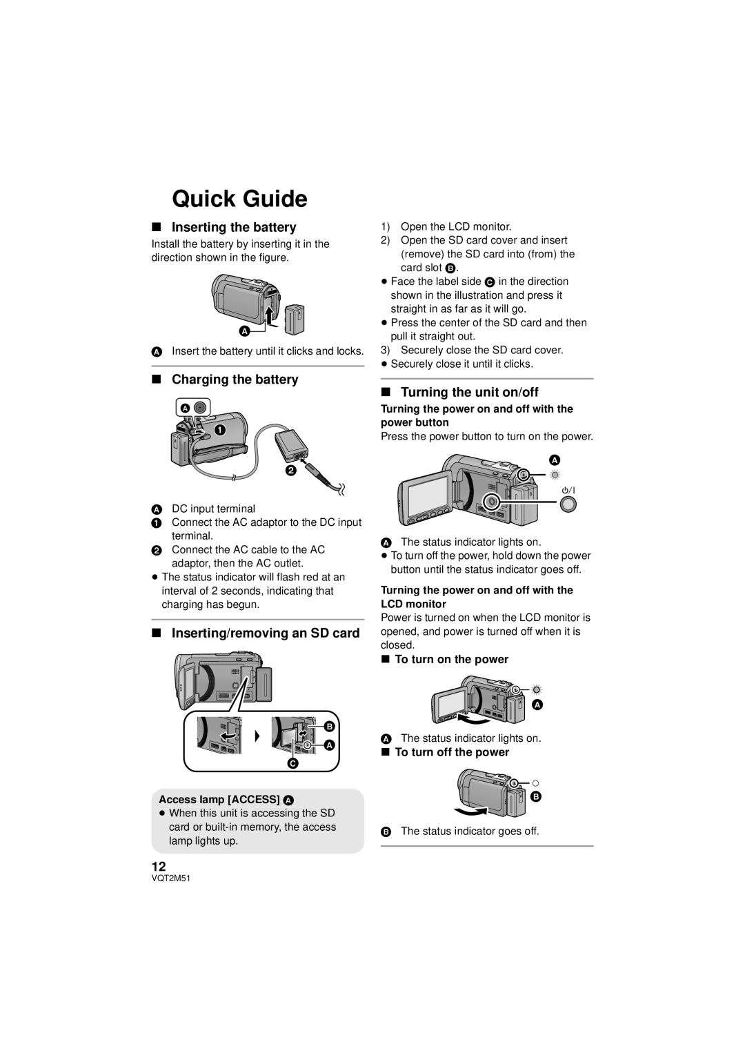 Panasonic HDC-SD60P/PC Quick Guide, Inserting the battery, Charging the battery, Inserting/removing an SD card 