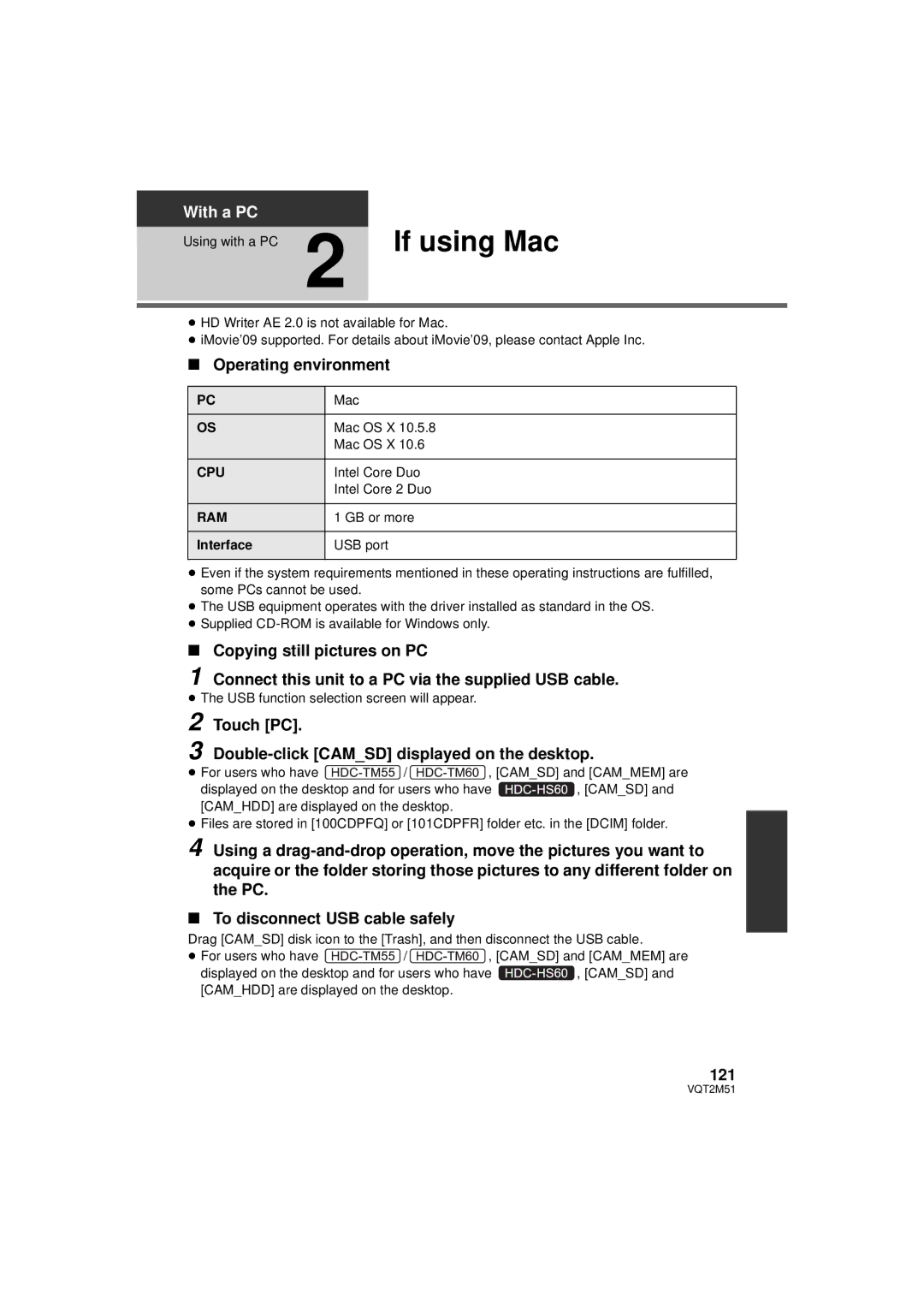 Panasonic HDC-TM60P/PC, HDC-SD60P/PC Operating environment, Touch PC Double-click Camsd displayed on the desktop, 121 