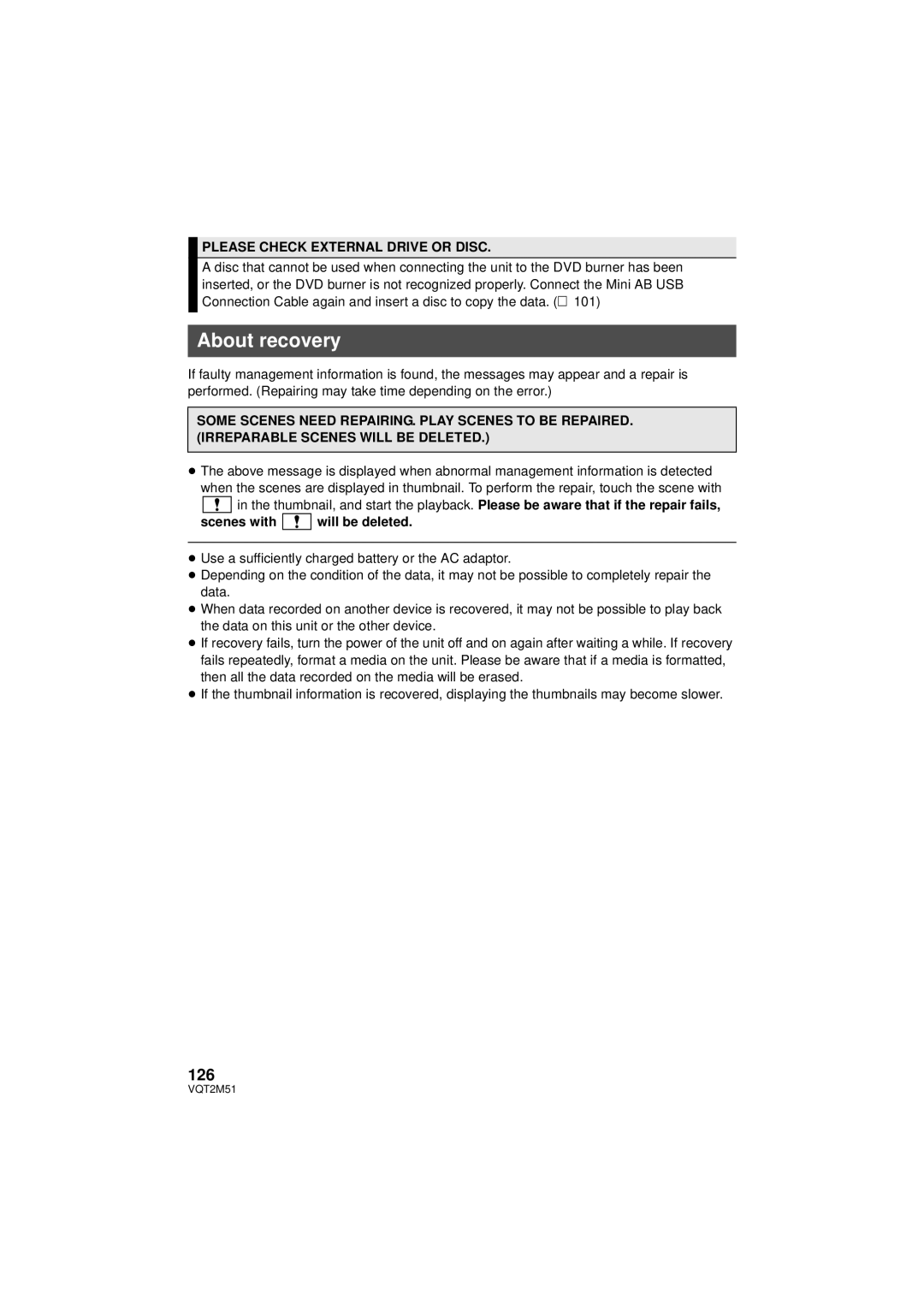 Panasonic HDC-TM55P/PC, HDC-SD60P/PC About recovery, 126, Please Check External Drive or Disc, Scenes with will be deleted 