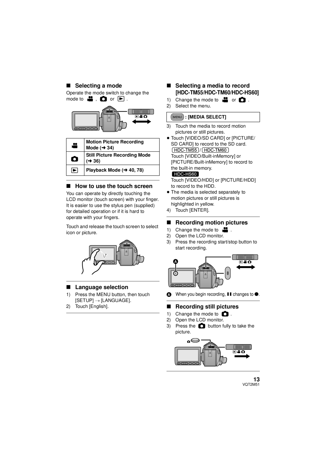 Panasonic HDC-TM60P/PC Selecting a mode, How to use the touch screen, Language selection, Recording motion pictures 