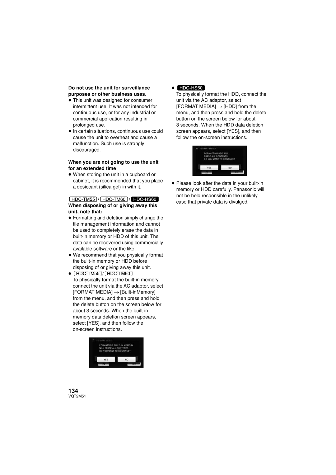 Panasonic HDC-TM55P/PC, HDC-SD60P/PC, HDC-TM60P/PC 134, When you are not going to use the unit for an extended time 