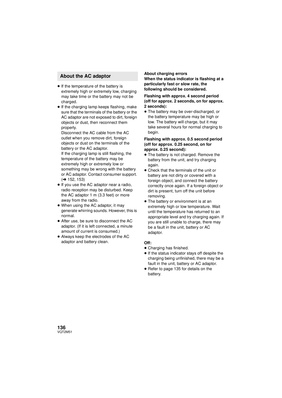 Panasonic HDC-SD60P/PC About the AC adaptor, 136, ≥ Charging has finished, ≥ Refer to page 135 for details on the battery 