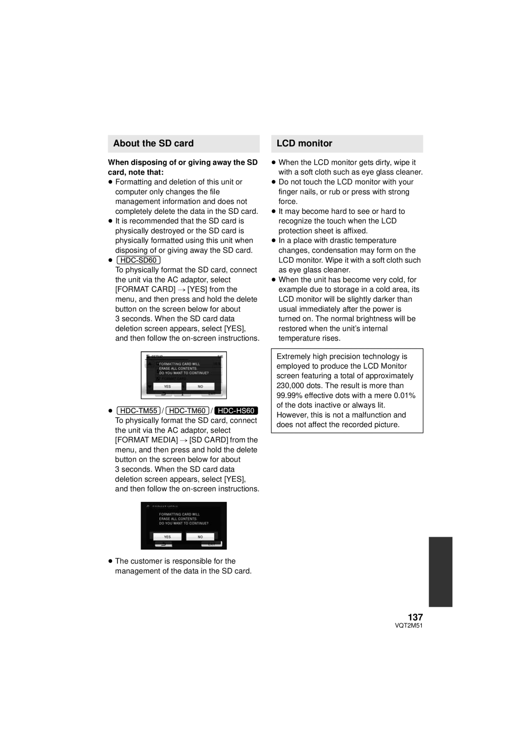 Panasonic HDC-TM60P/PC About the SD card, LCD monitor, 137, When disposing of or giving away the SD card, note that 