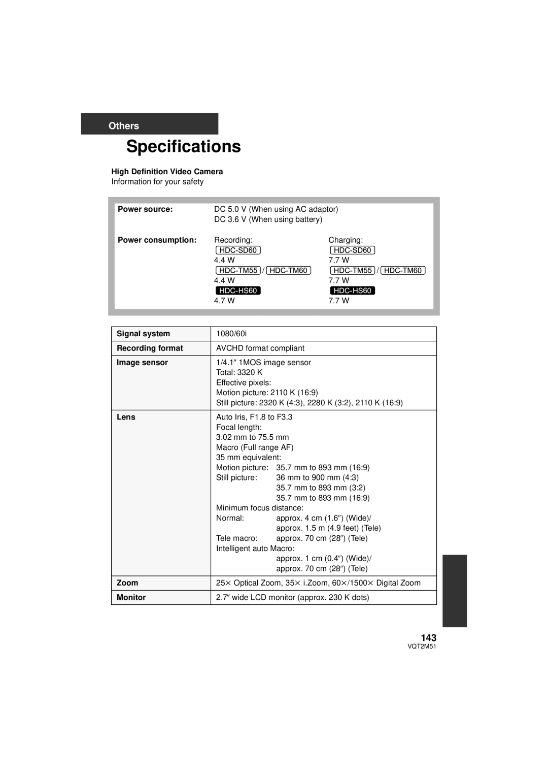 Panasonic HDC-HS60P/PC, HDC-SD60P/PC, HDC-TM60P/PC, HDC-TM55P/PC operating instructions Specifications, 143 