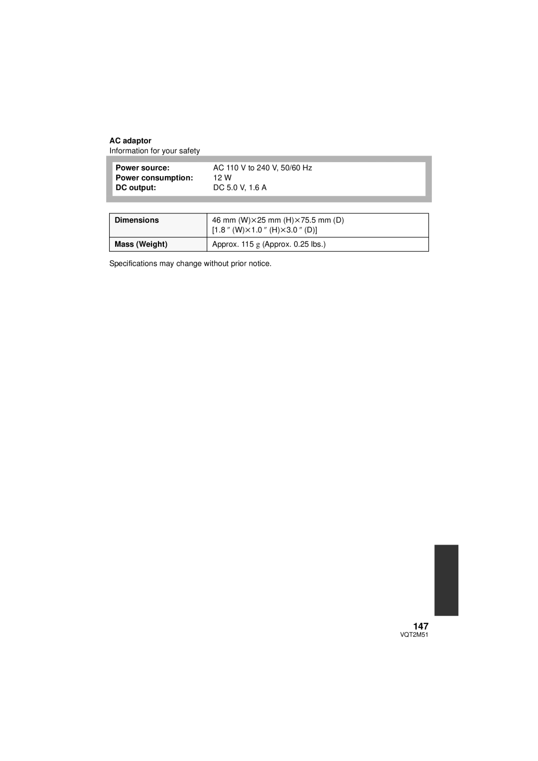 Panasonic HDC-HS60P/PC, HDC-SD60P/PC, HDC-TM60P/PC, HDC-TM55P/PC 147, Power source, DC output, Dimensions 