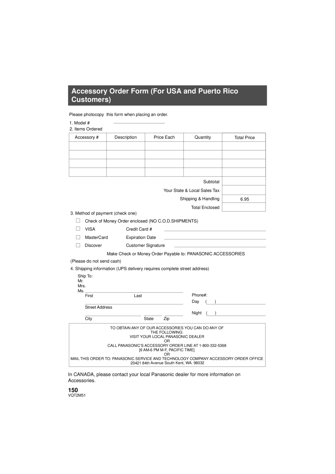 Panasonic HDC-TM55P/PC, HDC-SD60P/PC, HDC-TM60P/PC, HDC-HS60P/PC Accessory Order Form For USA and Puerto Rico Customers, 150 