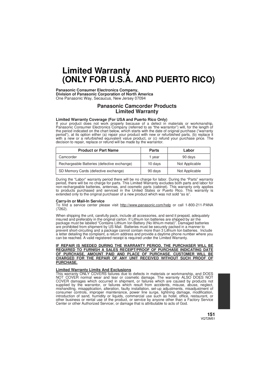 Panasonic HDC-HS60P/PC, HDC-SD60P/PC, HDC-TM60P/PC, HDC-TM55P/PC operating instructions Limited Warranty, 151 