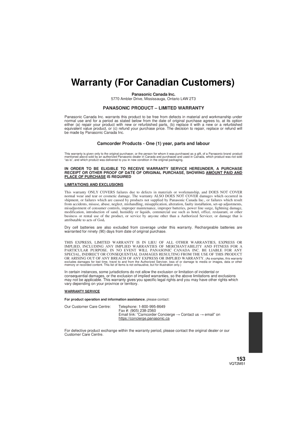 Panasonic HDC-TM60P/PC, HDC-SD60P/PC, HDC-TM55P/PC Warranty For Canadian Customers, 153, Panasonic Product Limited Warranty 