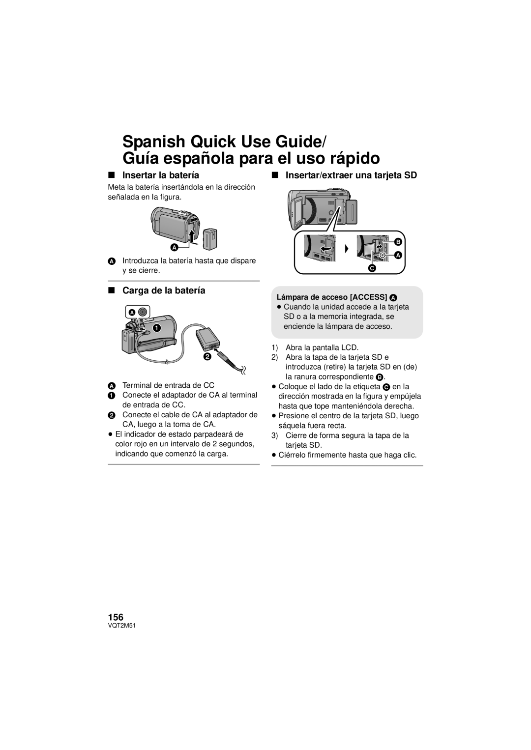 Panasonic HDC-SD60P/PC, HDC-TM60P/PC Spanish Quick Use Guide Guía española para el uso rápido, Carga de la batería, 156 