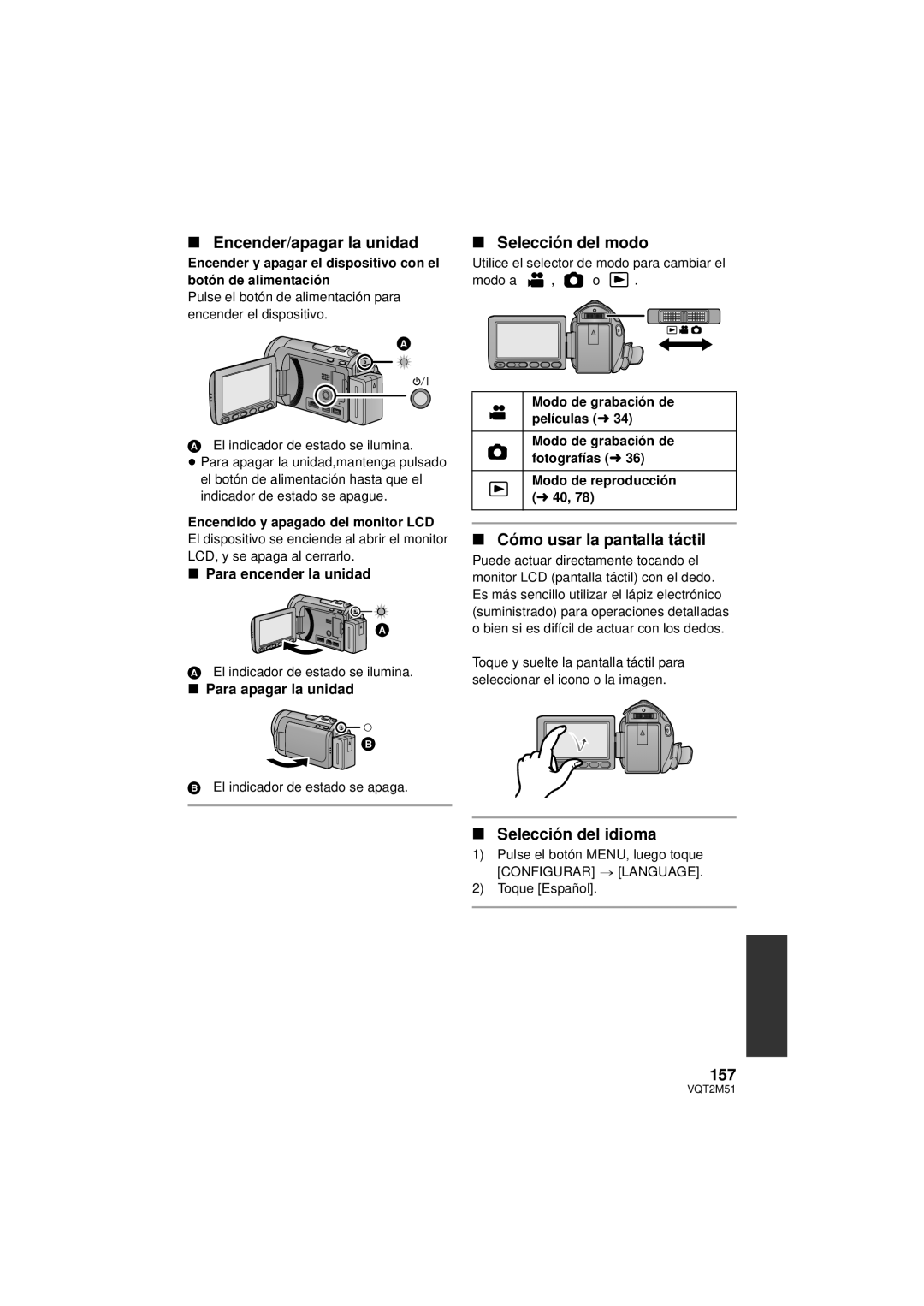 Panasonic HDC-TM60P/PC Encender/apagar la unidad, Selección del modo, Cómo usar la pantalla táctil, Selección del idioma 