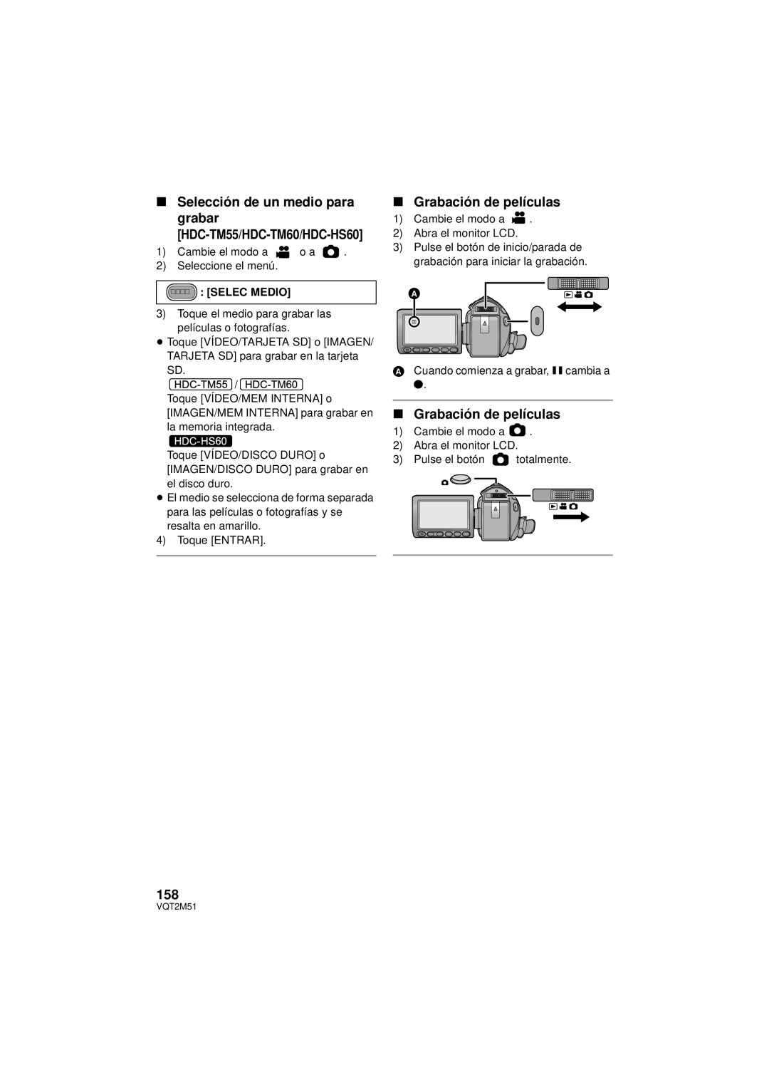 Panasonic HDC-TM55P/PC, HDC-SD60P/PC Selección de un medio para grabar, Grabación de películas, Menu Selec Medio 