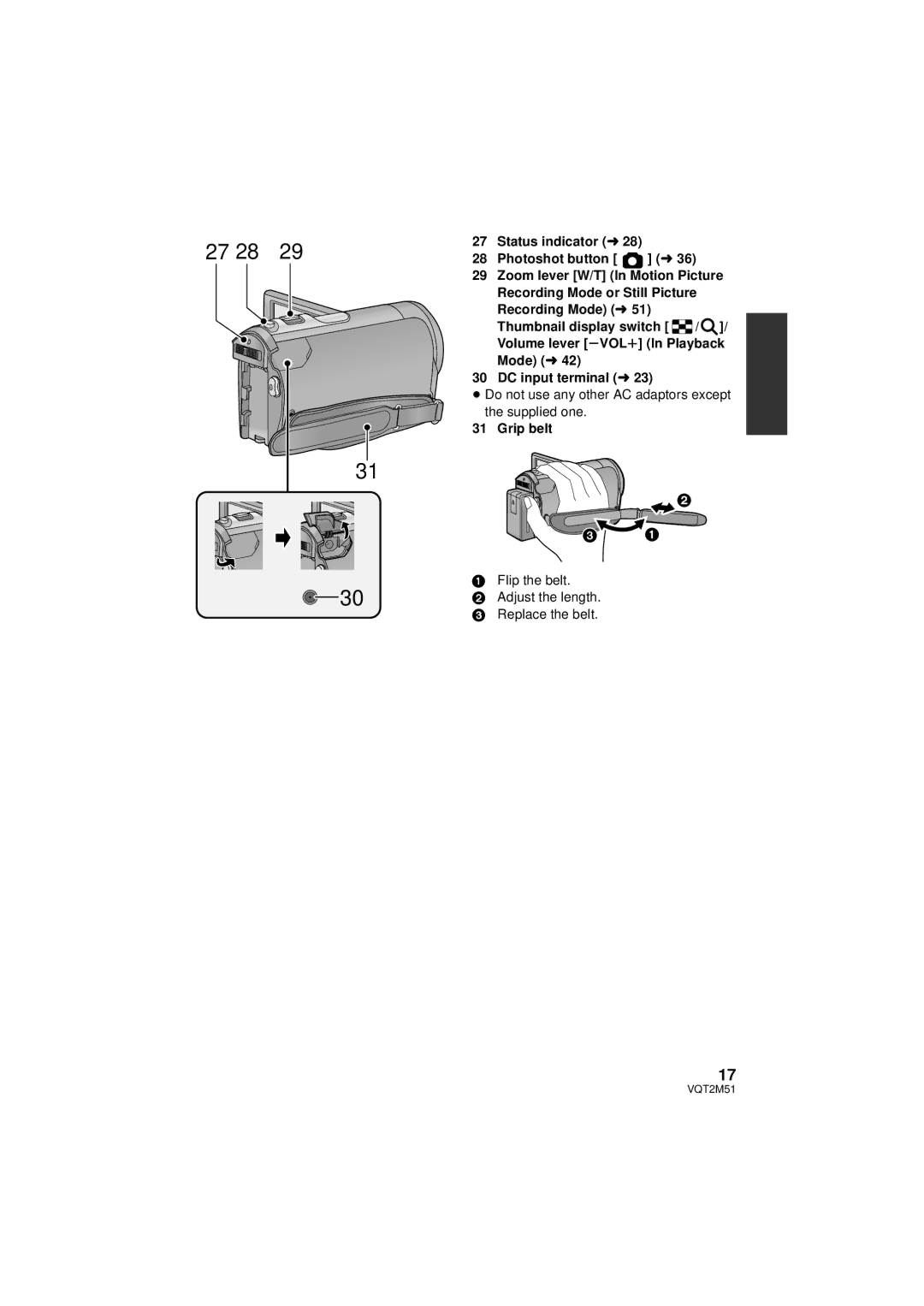 Panasonic HDC-TM60P/PC, HDC-SD60P/PC, HDC-TM55P/PC ≥ Do not use any other AC adaptors except the supplied one, Grip belt 