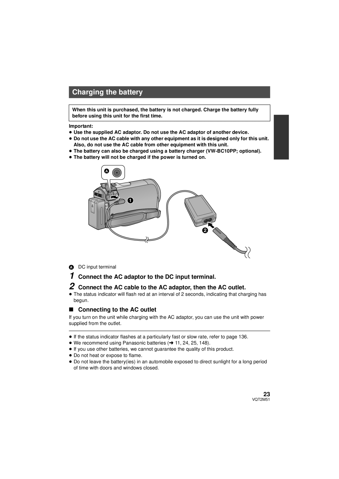 Panasonic HDC-HS60P/PC Charging the battery, Connect the AC adaptor to the DC input terminal, Connecting to the AC outlet 