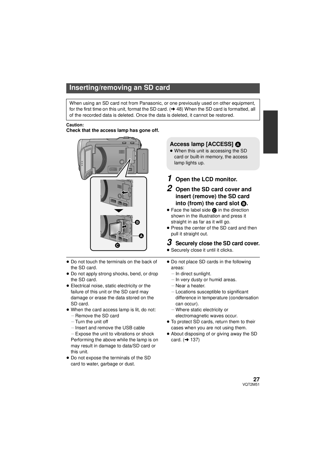 Panasonic HDC-HS60P/PC Inserting/removing an SD card, Access lamp Access a, Check that the access lamp has gone off 