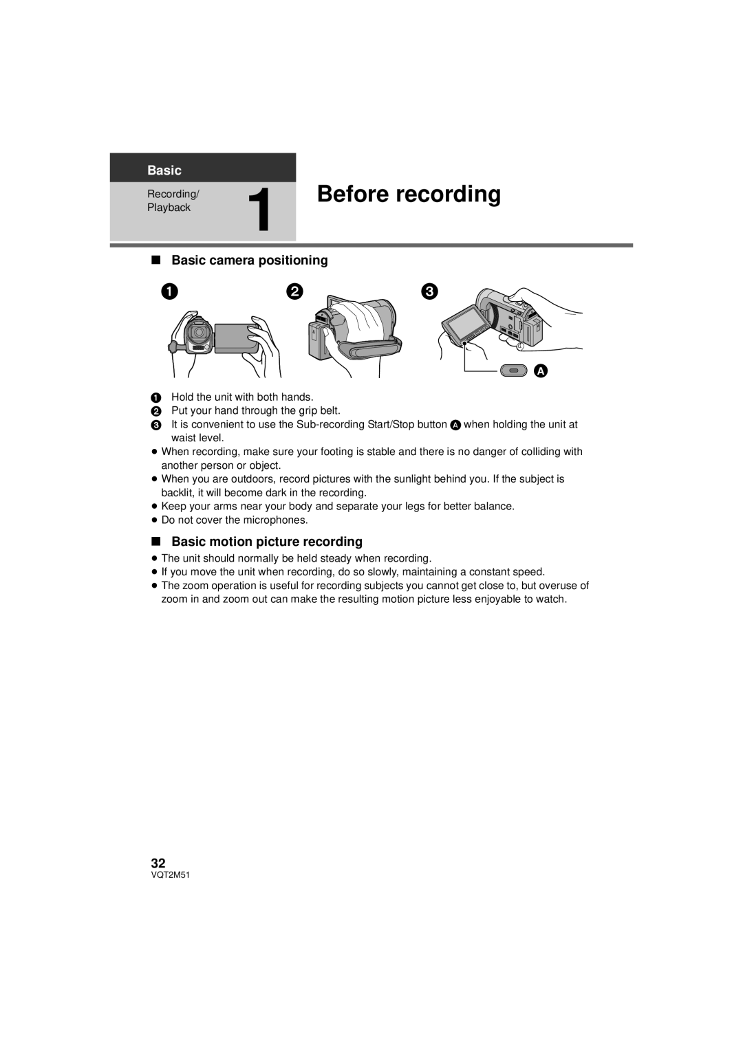 Panasonic HDC-SD60P/PC Before recording, Basic camera positioning, Basic motion picture recording, Playback Recording 